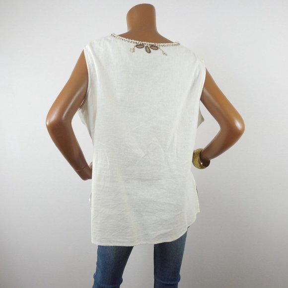 ANNE CARSON Top 2X Linen Blouse Ivory V-Neck Brown Embroidery Leaves Wood Beads - Picture 8 of 10